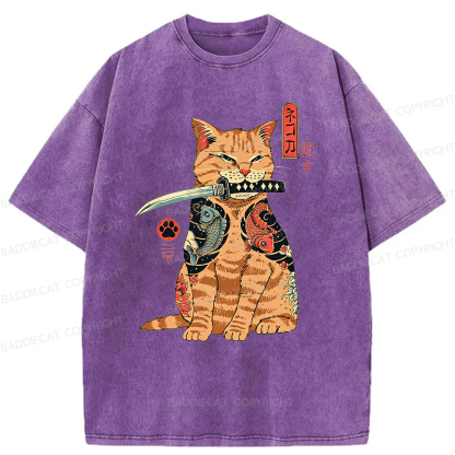 Baddiecat Samurai Cat Washed T-shirt