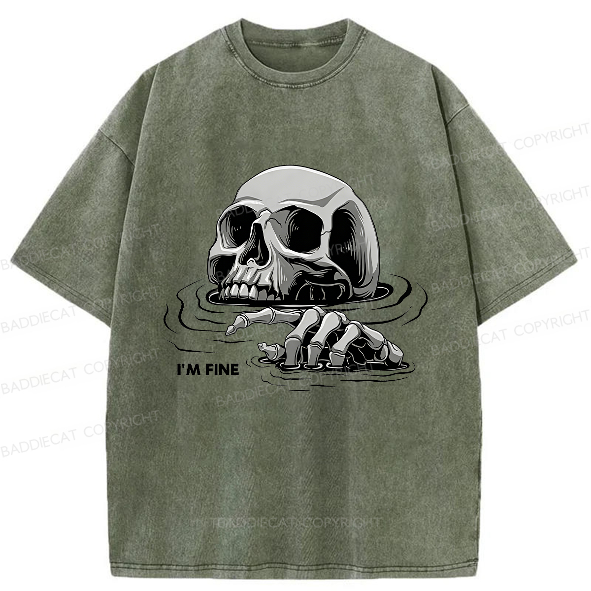 Baddiecat I'm Fine Drowning Skeleton Washed T-shirt