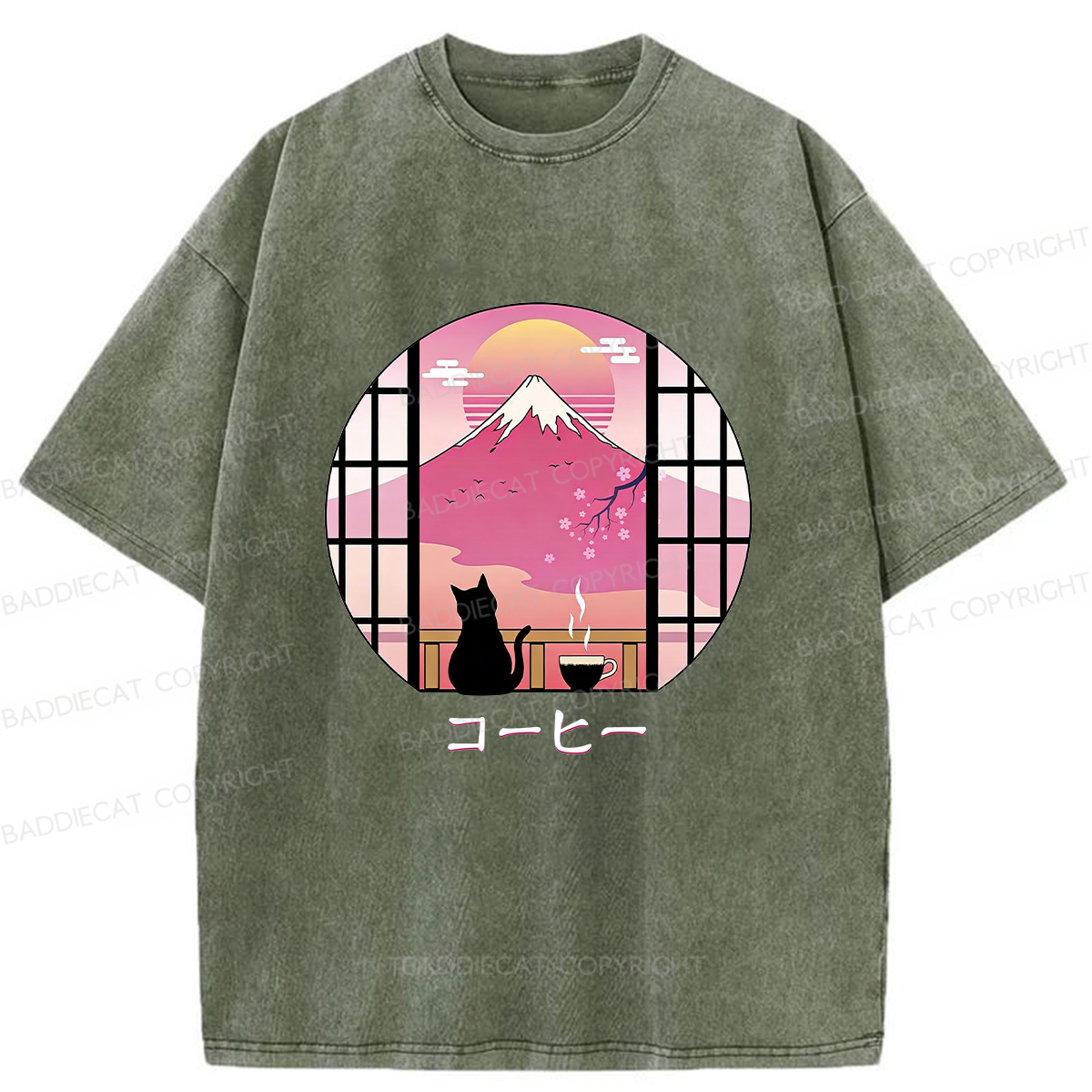 Baddiecat Coffee Cat On Mount Fuji Washed T-shirt