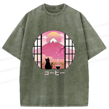 Baddiecat Coffee Cat On Mount Fuji Washed T-shirt