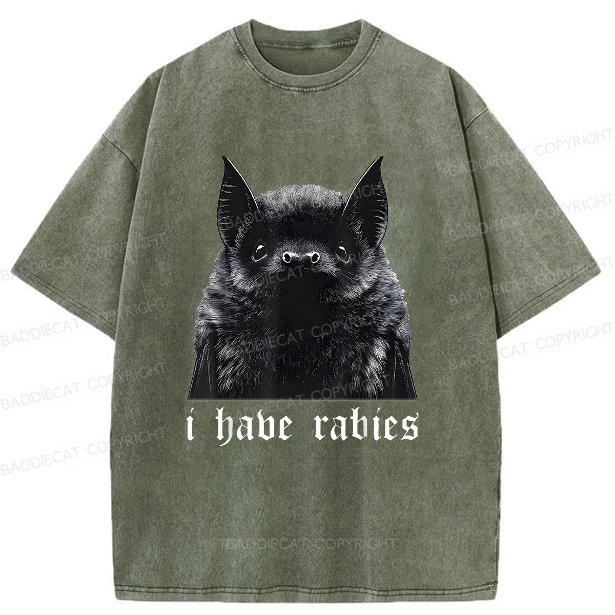 Baddiecat I Have Rabies Bat Pattern Washed T-shirt