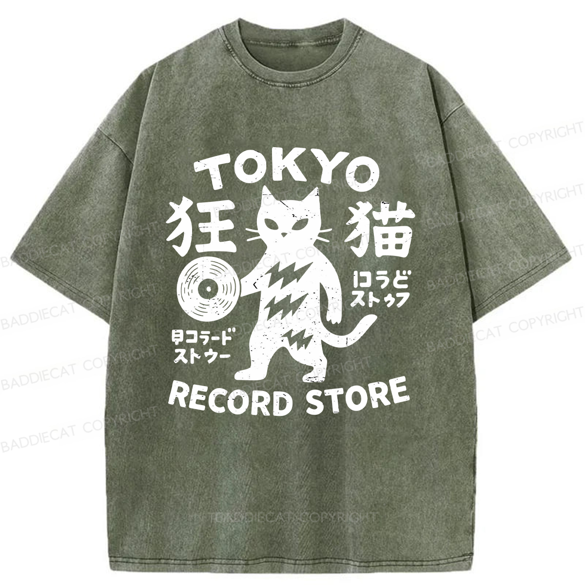 Baddiecat Tokyo Record Store Cat Washed T-shirt