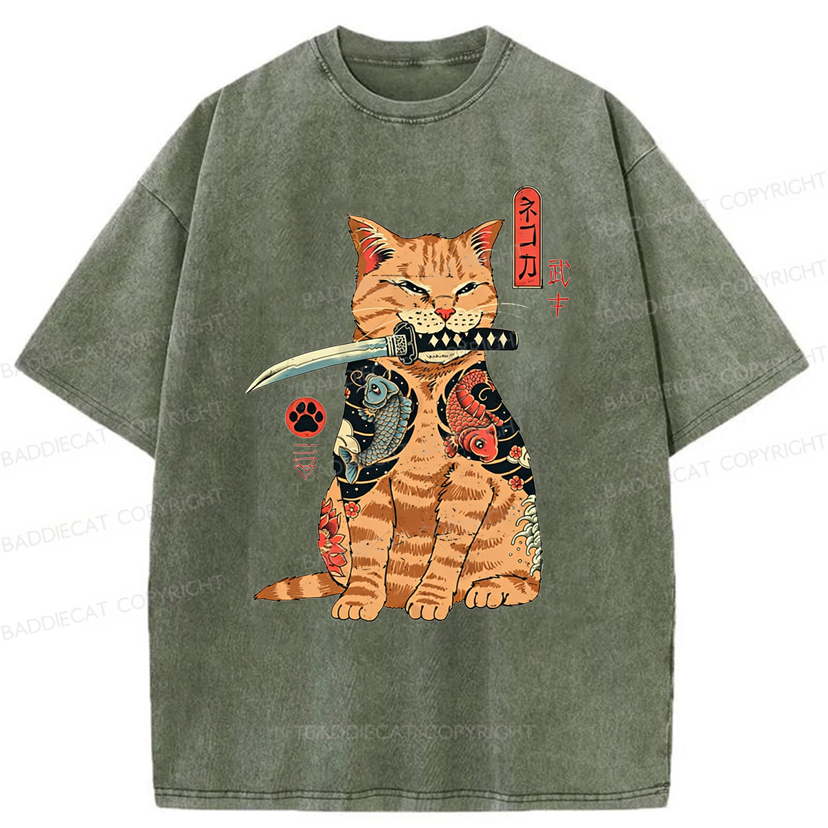 Baddiecat Samurai Cat Washed T-shirt