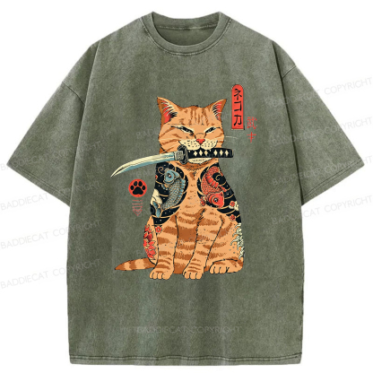 Baddiecat Samurai Cat Washed T-shirt
