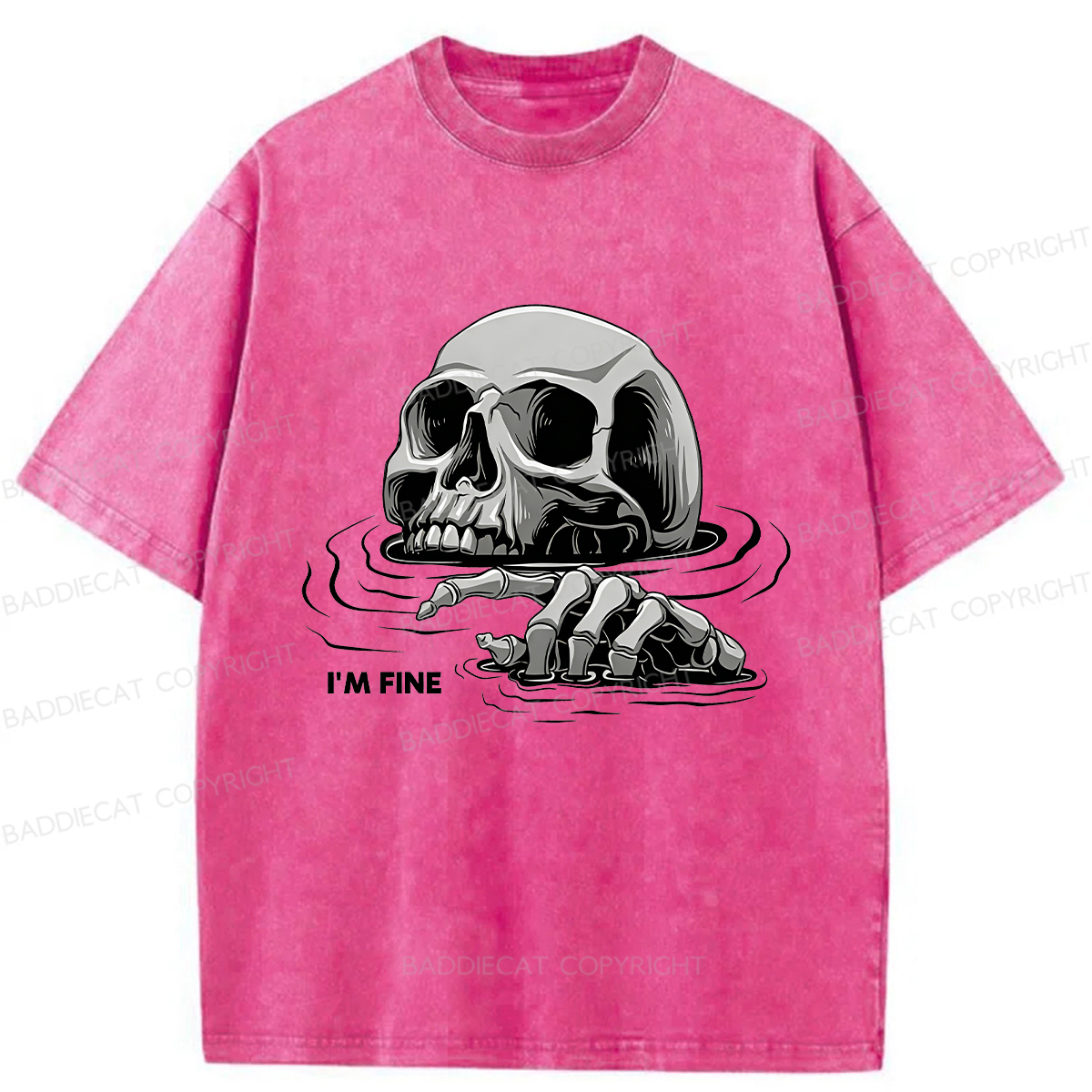 Baddiecat I'm Fine Drowning Skeleton Washed T-shirt