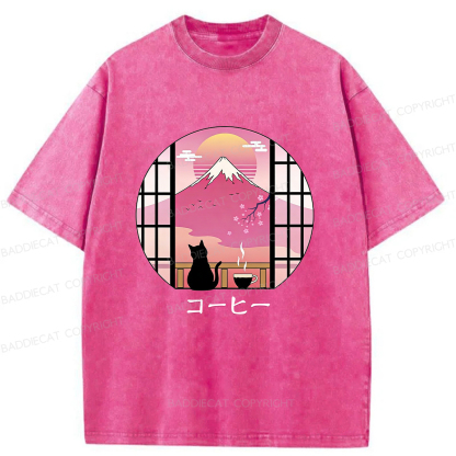 Baddiecat Coffee Cat On Mount Fuji Washed T-shirt