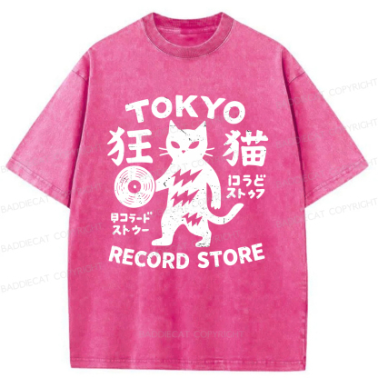 Baddiecat Tokyo Record Store Cat Washed T-shirt