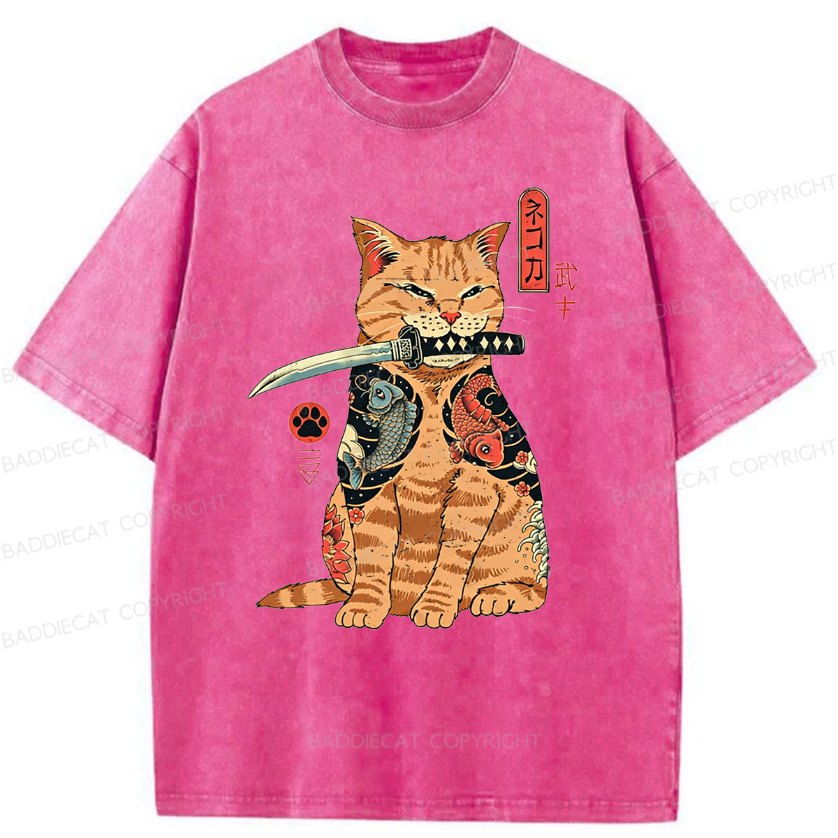 Baddiecat Samurai Cat Washed T-shirt