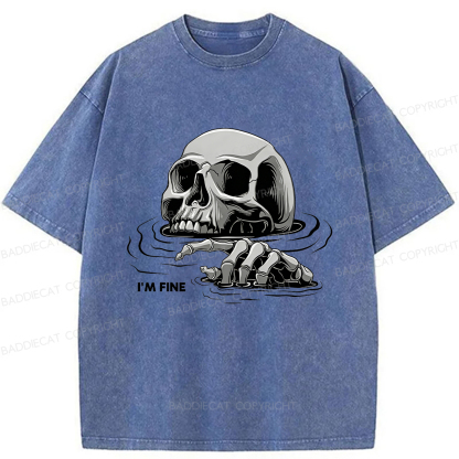 Baddiecat I'm Fine Drowning Skeleton Washed T-shirt