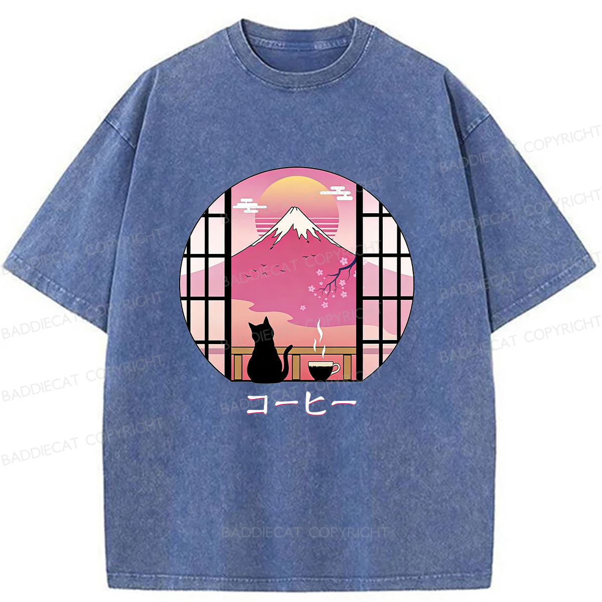 Baddiecat Coffee Cat On Mount Fuji Washed T-shirt