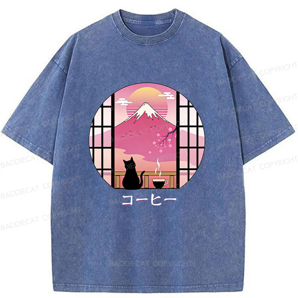 Baddiecat Coffee Cat On Mount Fuji Washed T-shirt