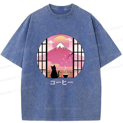 Baddiecat Coffee Cat On Mount Fuji Washed T-shirt