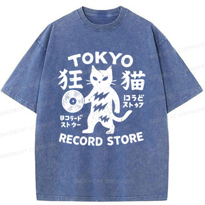 Baddiecat Tokyo Record Store Cat Washed T-shirt