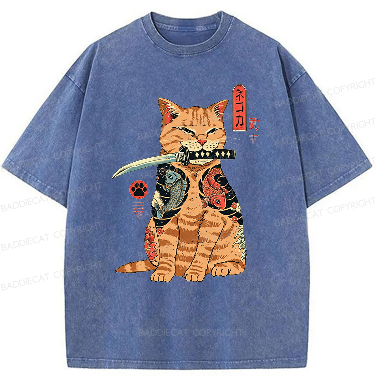 Baddiecat Samurai Cat Washed T-shirt