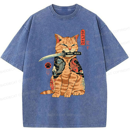 Baddiecat Samurai Cat Washed T-shirt