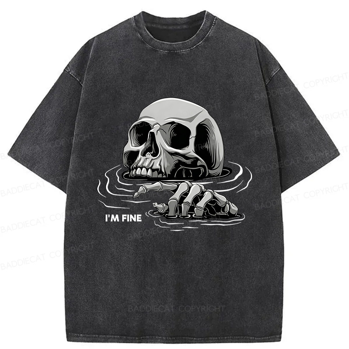 Baddiecat I'm Fine Drowning Skeleton Washed T-shirt