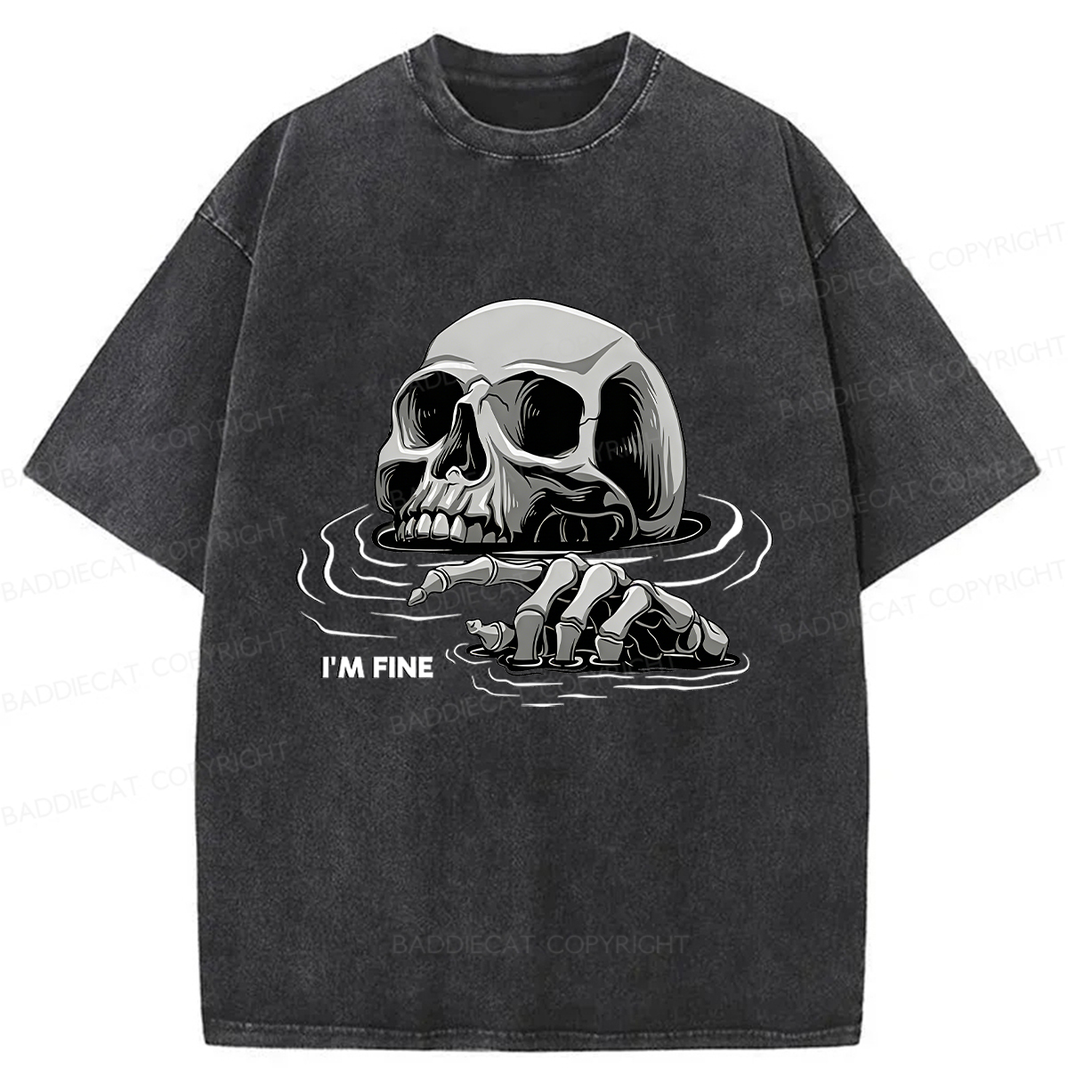 Baddiecat I'm Fine Drowning Skeleton Washed T-shirt