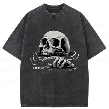 Baddiecat I'm Fine Drowning Skeleton Washed T-shirt