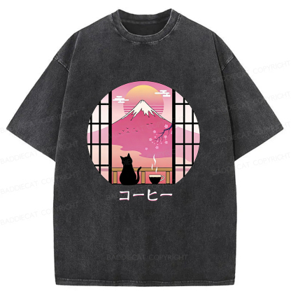 Baddiecat Coffee Cat On Mount Fuji Washed T-shirt