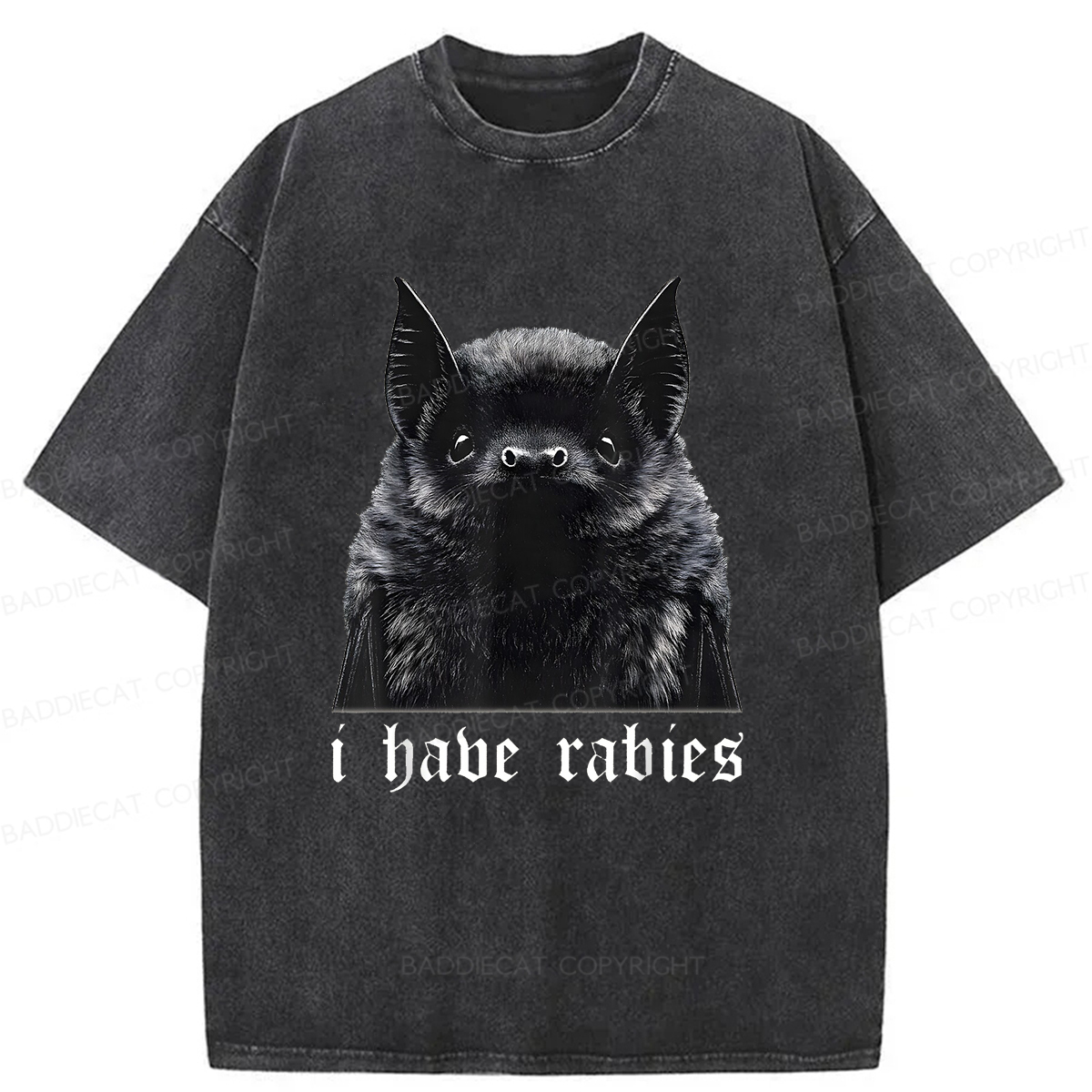 Baddiecat I Have Rabies Bat Pattern Washed T-shirt