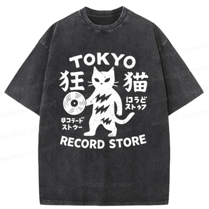 Baddiecat Tokyo Record Store Cat Washed T-shirt