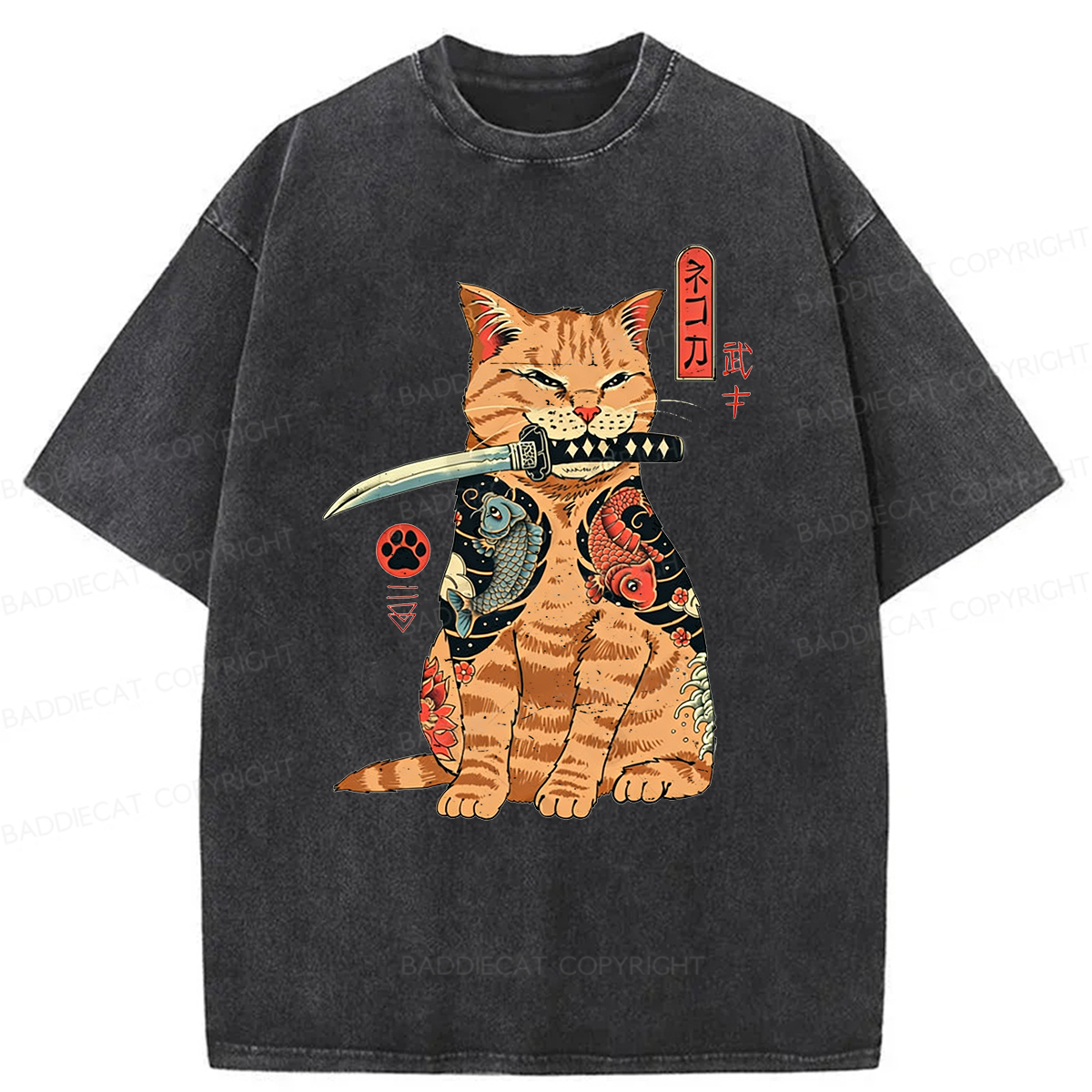 Baddiecat Samurai Cat Washed T-shirt