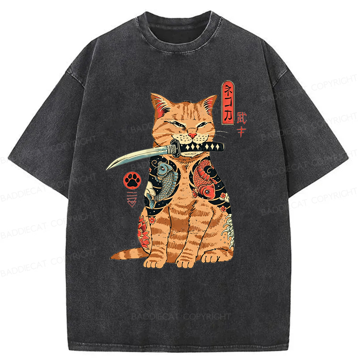 Baddiecat Samurai Cat Washed T-shirt
