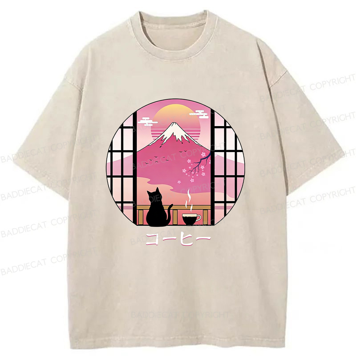 Baddiecat Coffee Cat On Mount Fuji Washed T-shirt