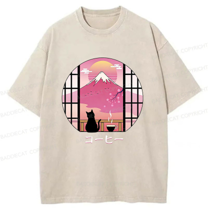 Baddiecat Coffee Cat On Mount Fuji Washed T-shirt