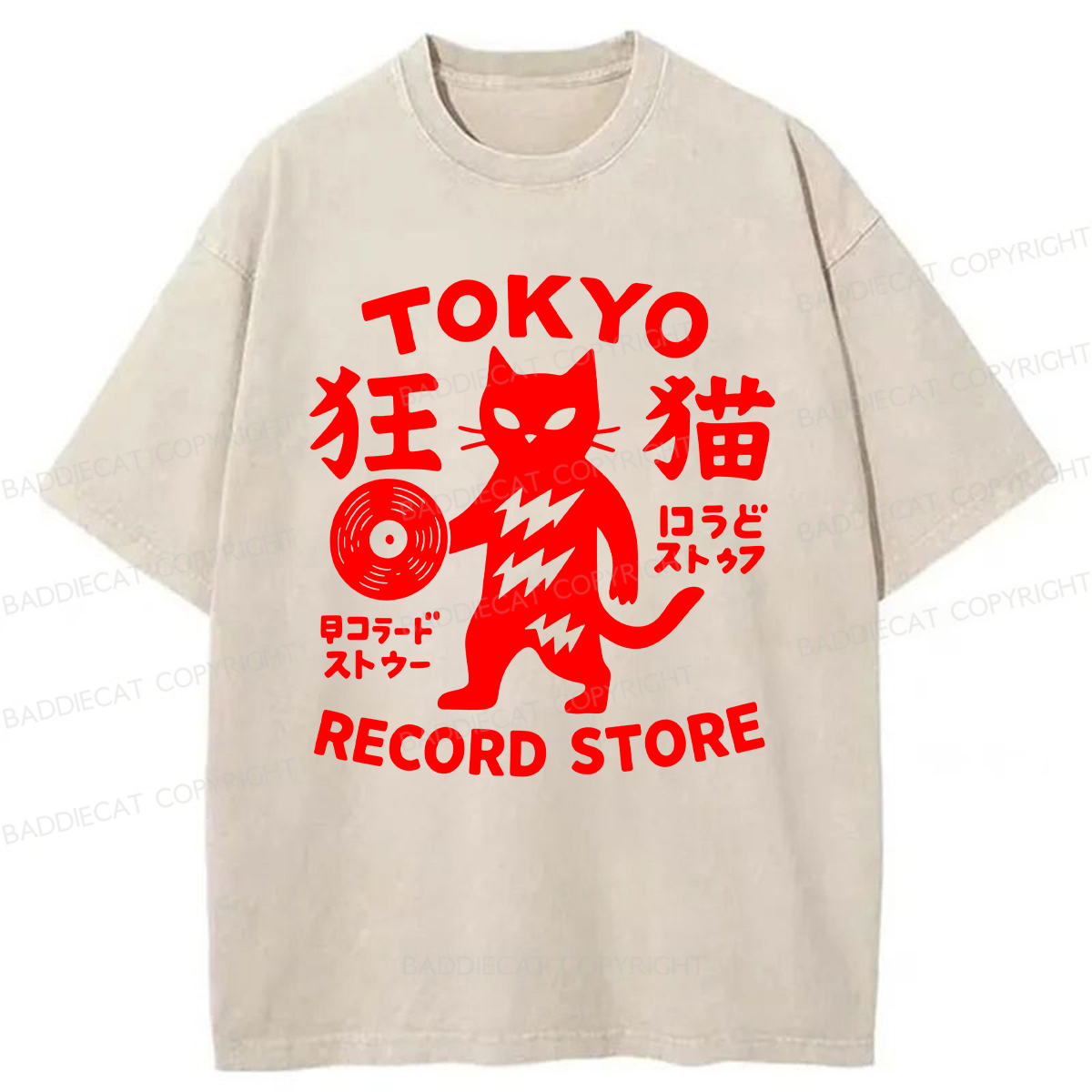 Baddiecat Tokyo Record Store Cat Washed T-shirt