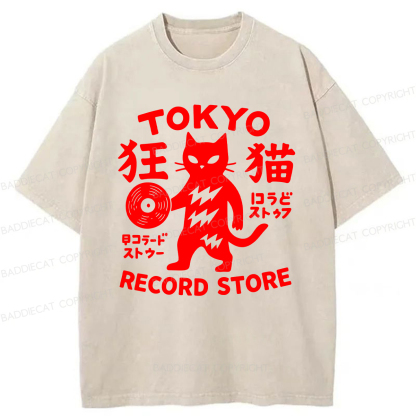 Baddiecat Tokyo Record Store Cat Washed T-shirt