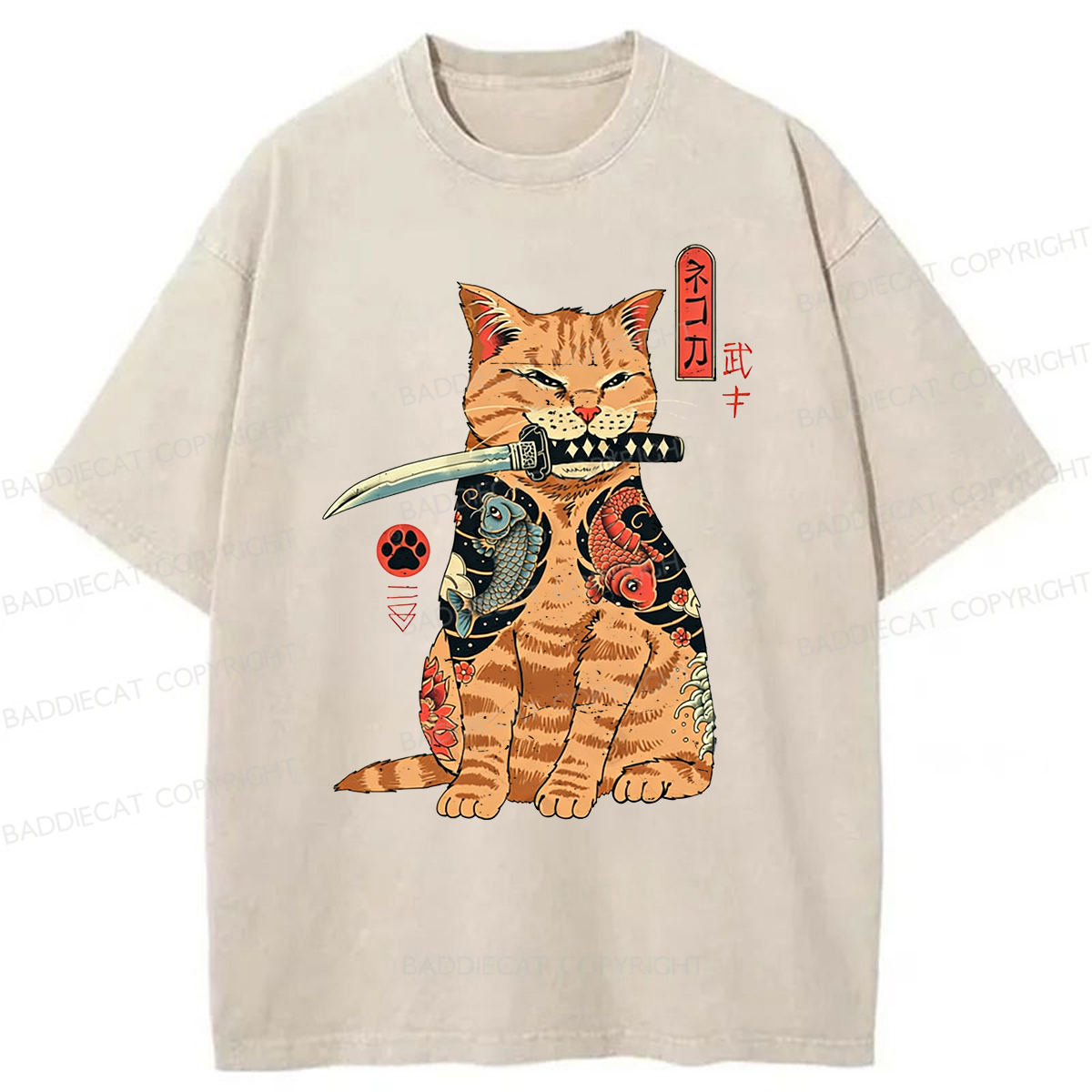 Baddiecat Samurai Cat Washed T-shirt