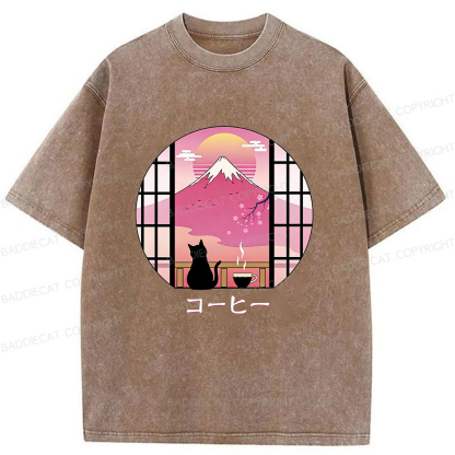Baddiecat Coffee Cat On Mount Fuji Washed T-shirt
