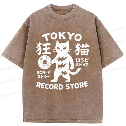 Baddiecat Tokyo Record Store Cat Washed T-shirt