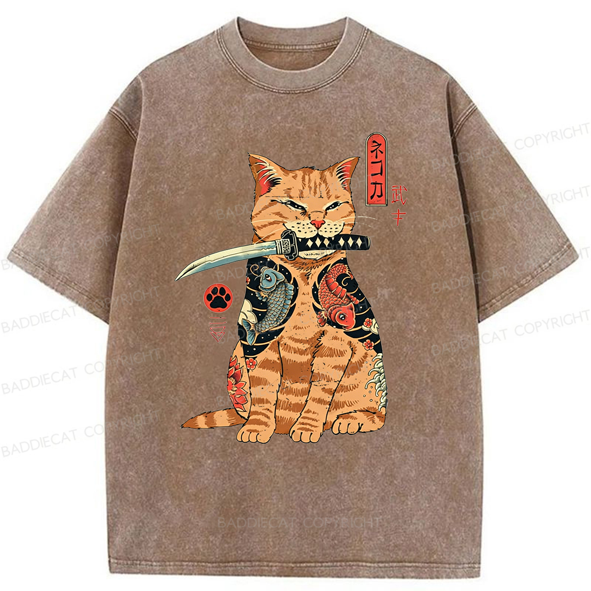Baddiecat Samurai Cat Washed T-shirt
