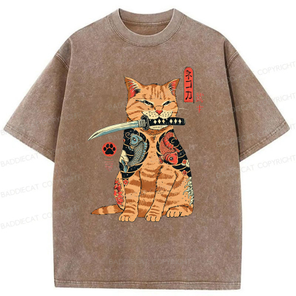 Baddiecat Samurai Cat Washed T-shirt