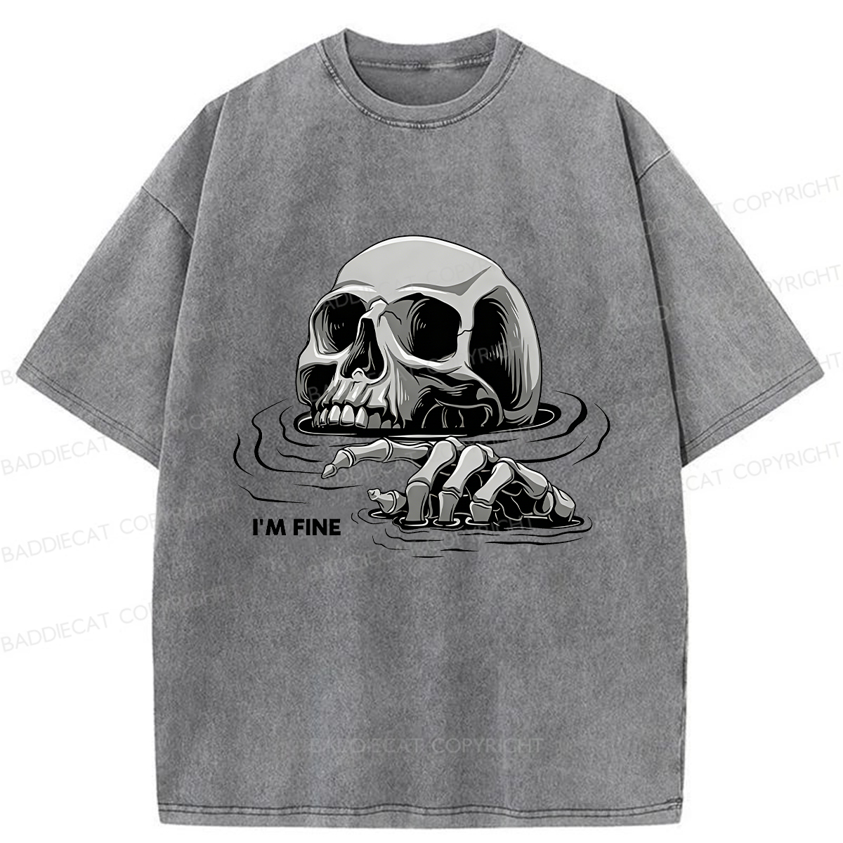 Baddiecat I'm Fine Drowning Skeleton Washed T-shirt