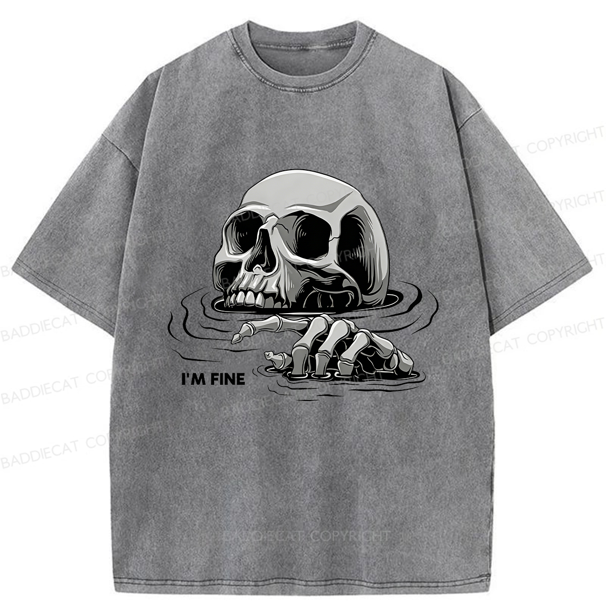 Baddiecat I'm Fine Drowning Skeleton Washed T-shirt
