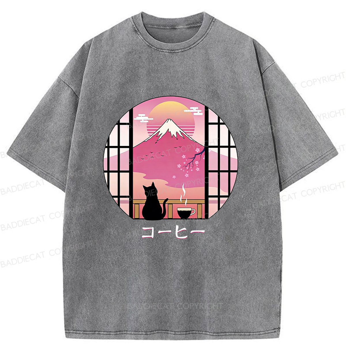 Baddiecat Coffee Cat On Mount Fuji Washed T-shirt