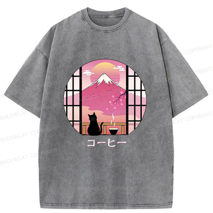Baddiecat Coffee Cat On Mount Fuji Washed T-shirt
