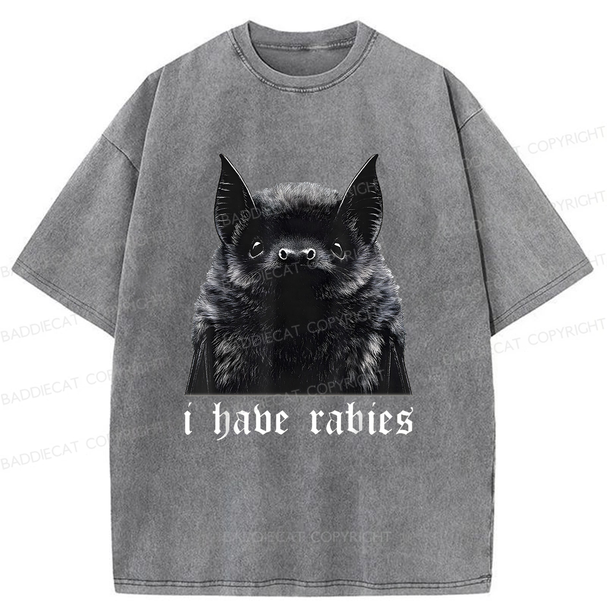 Baddiecat I Have Rabies Bat Pattern Washed T-shirt