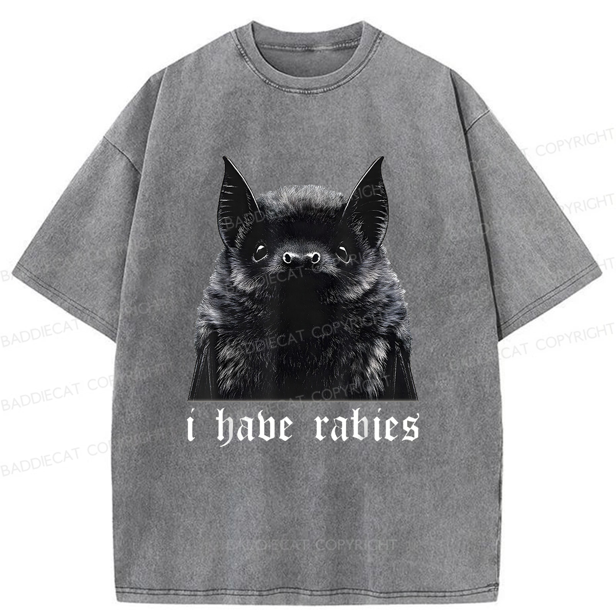 Baddiecat I Have Rabies Bat Pattern Washed T-shirt