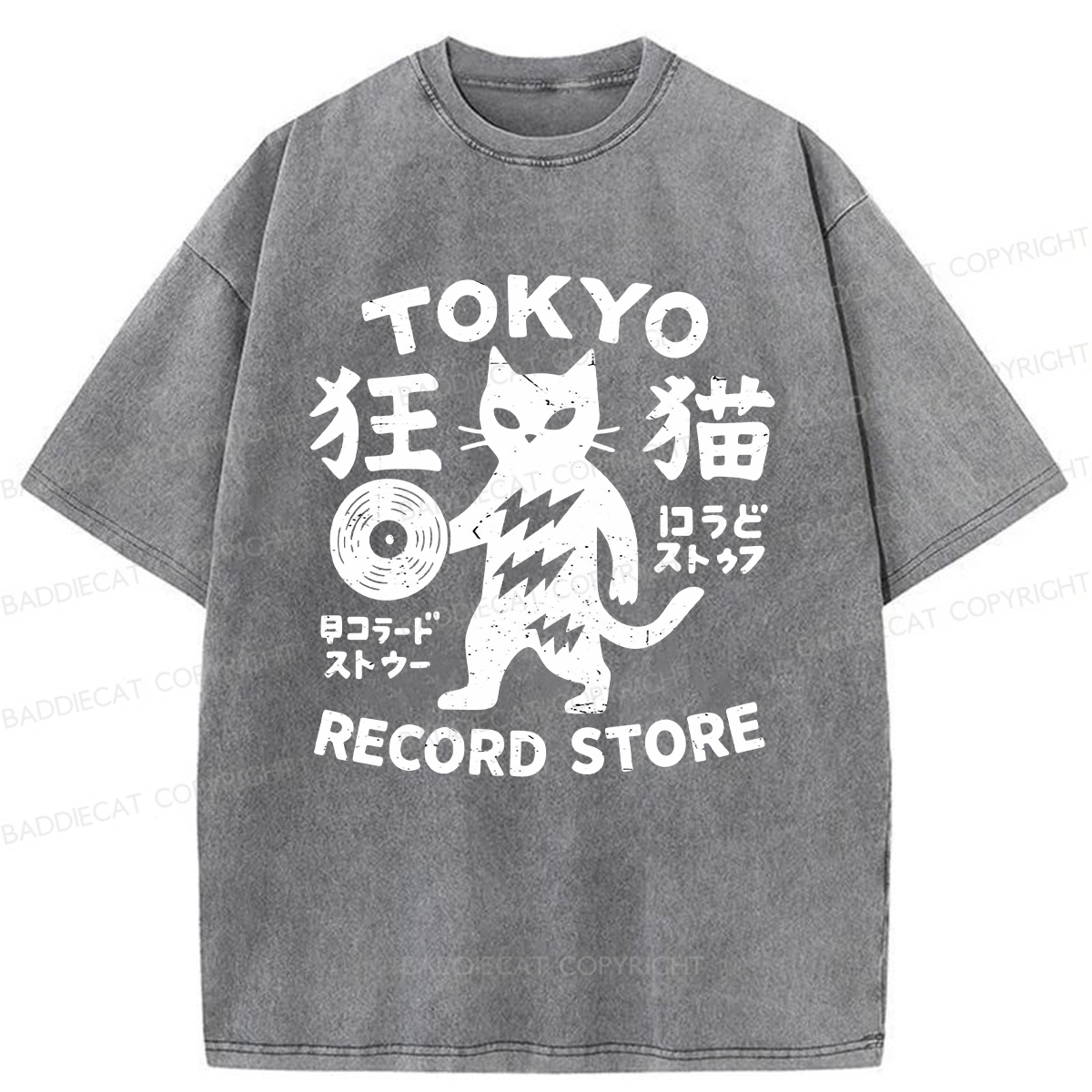 Baddiecat Tokyo Record Store Cat Washed T-shirt