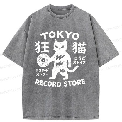 Baddiecat Tokyo Record Store Cat Washed T-shirt