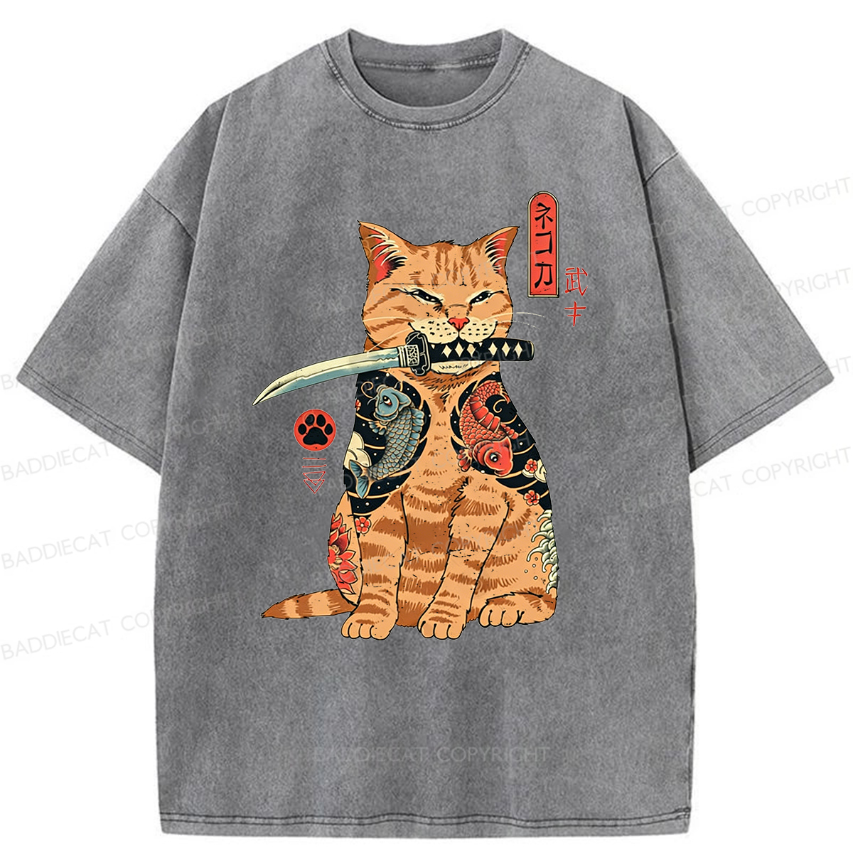 Baddiecat Samurai Cat Washed T-shirt
