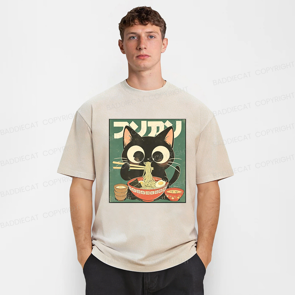 Baddiecat The Cat Eats Noodles Washed T-shirt