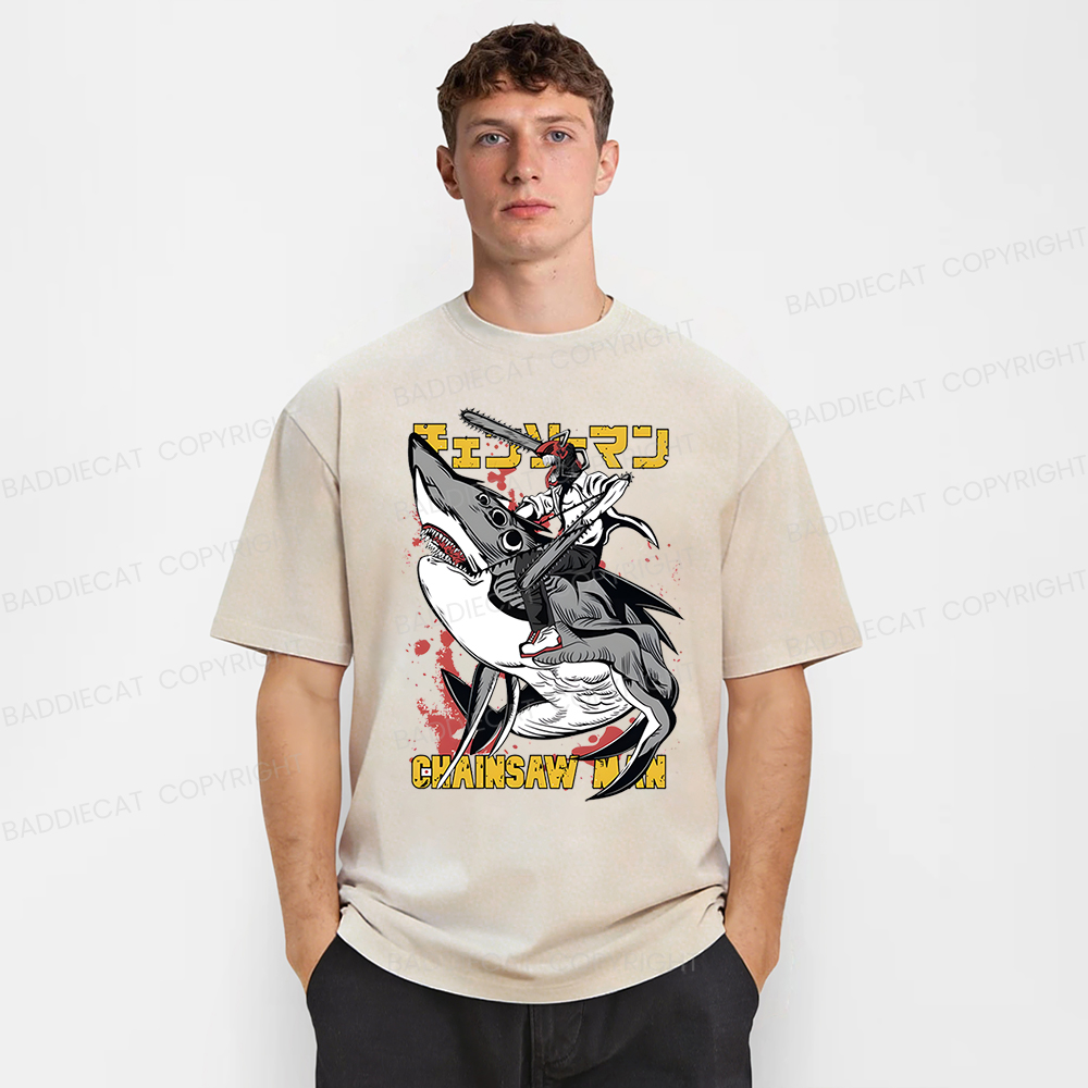 Baddiecat Denji Chainsaw Man Japanese Text Washed T-shirt