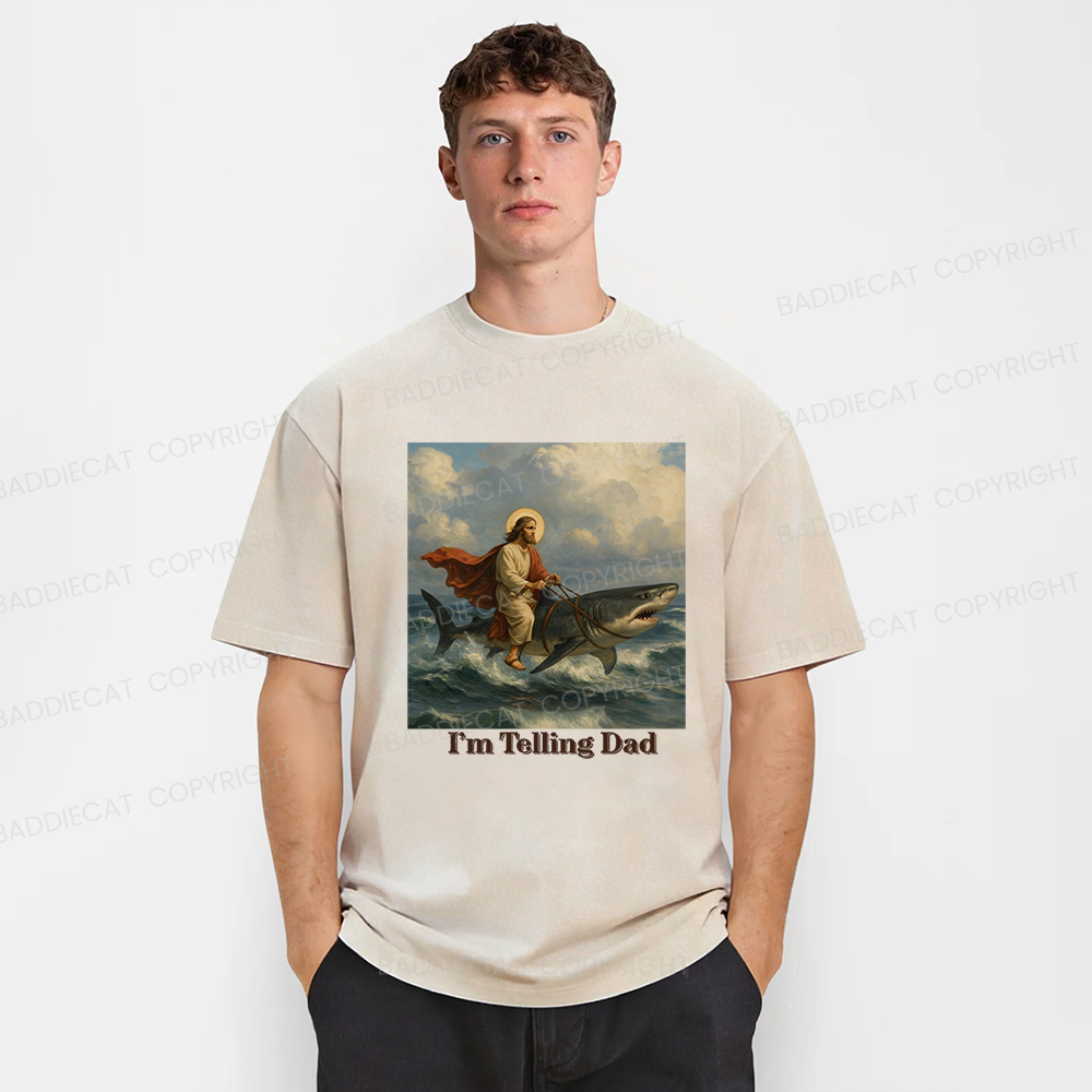 Baddiecat Jesus Rides A Shark Funny Washed T-shirt