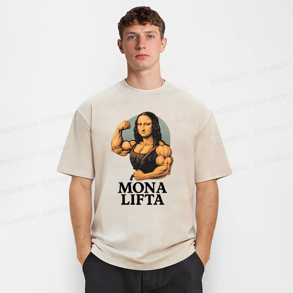 Baddiecat Powerlifting Gym Mona Lisa Parody Washed T-shirt