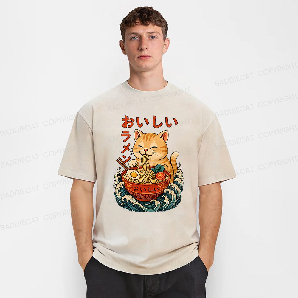 Baddiecat Ramen Cat Japanese Anime Kitty Noodle Washed T-shirt